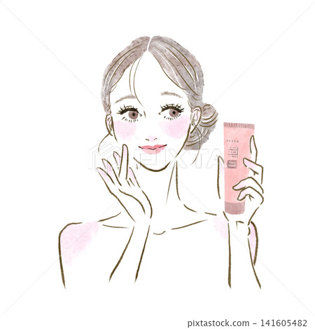 描繪女性使用化妝品進行皮膚護理的美麗插畫。 描繪女性使用化妝品進行皮膚護理的美麗插畫。 141605482