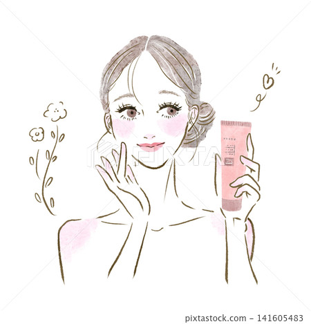 一位女士手持化妝品,旁邊是一幅手繪裝飾插圖;美容插圖。 一位女士手持化妝品,旁邊是一幅手繪裝飾插圖;美容插圖。 141605483