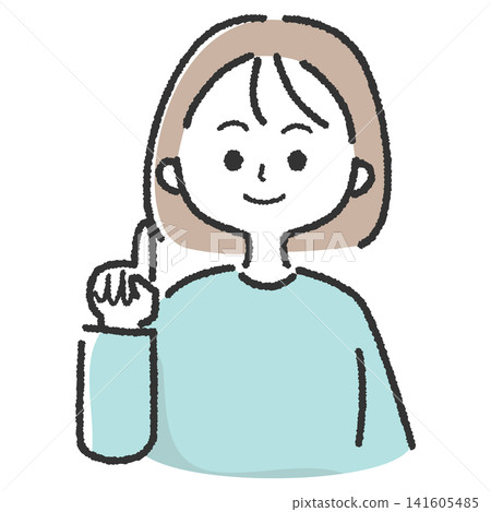 一幅簡單的插圖,描繪了一位微笑的女士舉起她的食指。 一幅簡單的插圖,描繪了一位微笑的女士舉起她的食指。 141605485