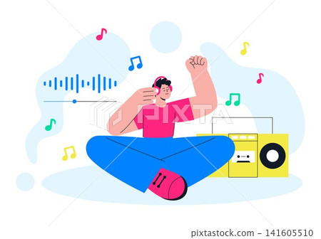 Viral Tunes Vector Illustration Featuring Music Streaming App, Trending Audio Tracks, Mobile Listening, Social Media Sharing and Digital Entertainment 141605510