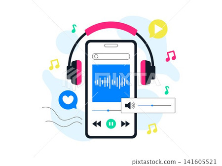 Viral Tunes Vector Illustration Featuring Music Streaming App, Trending Audio Tracks, Mobile Listening, Social Media Sharing and Digital Entertainment Viral Tunes Vector Illustration Featuring Music Streaming App, Trending Audio Tracks, Mobile Listening, Social Media Sharing and Digital Entertainment 141605521