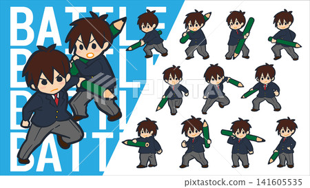 A set of vector illustrations of a male student in a blazer fighting with a pencil as a weapon. A set of vector illustrations of a male student in a blazer fighting with a pencil as a weapon. 141605535