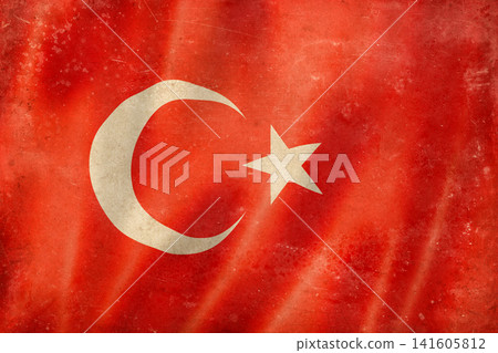 Old vintage flag of Turkey, worn and stained Old vintage flag of Turkey, worn and stained 141605812