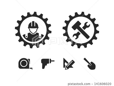 black industrial construction worker and toolkit flat icons collection 141606020
