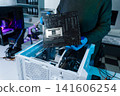 Close-up of semiconductor microchip on circuit board, motherboard processor for computer repair, hardware technology and chip manufacturing industry concept. 141606254