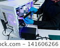 Close-up of semiconductor microchip on circuit board, motherboard processor for computer repair, hardware technology and chip manufacturing industry concept. 141606266