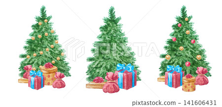 Watercolor christmas tree set with colorful gift boxes and festive ornaments. Hand drawn winter holiday illustration collection isolated on element background. Detailed beautiful artwork. 141606431
