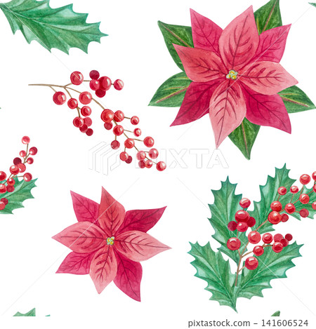 Watercolor christmas seamless pattern with festive holiday winter poinsettia flower red berry branch backdrop. Hand drawn holly leaf botanical illustration element. Repeatable textile wallpaper art. Watercolor christmas seamless pattern with festive holiday winter poinsettia flower red berry branch backdrop. Hand drawn holly leaf botanical illustration element. Repeatable textile wallpaper art. 141606524