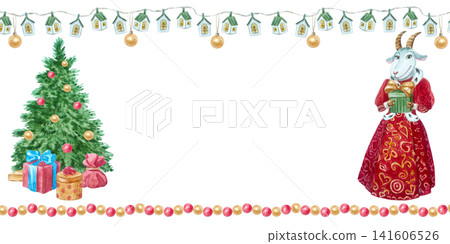 Watercolor Christmas greeting card frame featuring a fairytale goat character, a decorated tree, gift boxes, and hanging garlands. Empty horizontal winter template with copy space. 141606526