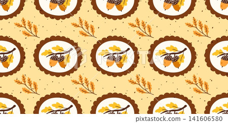 Leaves thanksgiving cover watercolor pattern bg leaf autumn seamless linear design for a seasonal background. Oak orange vegetable graphic maple drawing texture dot fall acorn print. 141606580