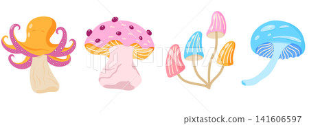 Set of toadstool and fall mushroom illustrations for flat. Forest scene with cute vector designs mystical mushroom silhouettes alongside. Chanterelle and king fungi icons for kids. Set of toadstool and fall mushroom illustrations for flat. Forest scene with cute vector designs mystical mushroom silhouettes alongside. Chanterelle and king fungi icons for kids. 141606597