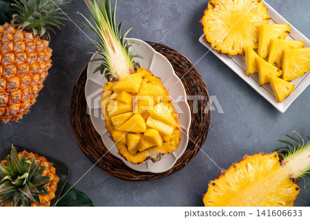 Pineapple, fruit, tropical, leaves, sliced, fresh pineapple fruit. Pineapple, fruit, tropical, leaves, sliced, fresh pineapple fruit. 141606633