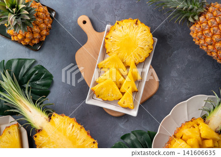 Pineapple, fruit, tropical, leaves, sliced, fresh pineapple fruit. Pineapple, fruit, tropical, leaves, sliced, fresh pineapple fruit. 141606635