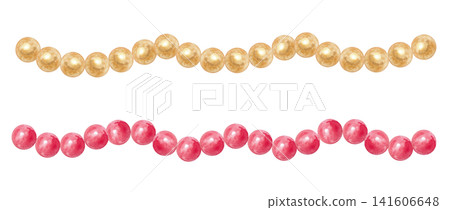 Watercolor christmas garland border set with glossy red and gold bead chain. Hand drawn festive winter holiday decoration isolated on element background. Realistic detailed drawing. 141606648