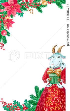 Watercolor Christmas vertical frame with fairytale goat character, poinsettia flowers, fir branches, and gift. Empty winter template for stories with copy space Watercolor Christmas vertical frame with fairytale goat character, poinsettia flowers, fir branches, and gift. Empty winter template for stories with copy space 141606714