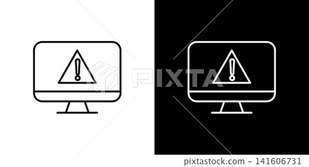 桌面電腦圖標,螢幕上顯示警告標記。黑白向量圖集。 桌面電腦圖標,螢幕上顯示警告標記。黑白向量圖集。 141606731