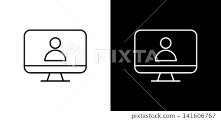 桌面電腦圖標,螢幕上顯示一個人的上半身。一組黑白向量插圖。 桌面電腦圖標,螢幕上顯示一個人的上半身。一組黑白向量插圖。 141606767