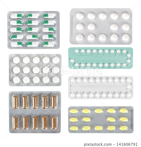 Medical pill blisters pack set with colorful capsules and round tablets isolated on white background Medical pill blisters pack set with colorful capsules and round tablets isolated on white background 141606791