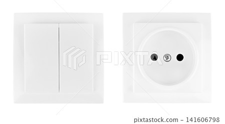 White double light switch and power outlet socket set isolated on white background White double light switch and power outlet socket set isolated on white background 141606798