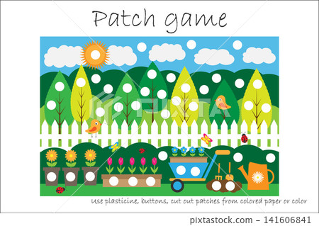 Education Patch game garden for children to develop motor skills, use plasticine patches, buttons, colored paper or color the page, kids preschool activity, printable worksheet, vector illustration 141606841