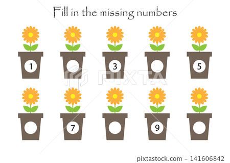 Game with flowers in pots for children, fill in the missing numbers, easy level, education game for kids, school worksheet activity, task for the development of logical thinking, vector illustration Game with flowers in pots for children, fill in the missing numbers, easy level, education game for kids, school worksheet activity, task for the development of logical thinking, vector illustration 141606842