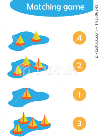 Maths game with paper boats in a puddle for children, easy level, education game for kids, preschool worksheet activity, task for the development of logical thinking, vector illustration Maths game with paper boats in a puddle for children, easy level, education game for kids, preschool worksheet activity, task for the development of logical thinking, vector illustration 141606843
