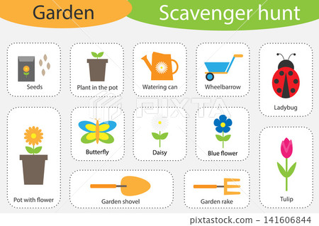 Scavenger hunt, garden theme, different colorful pictures for children, fun education search game for kids, development for toddlers, preschool activity, set of icons, vector illustration 141606844