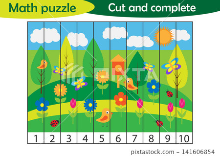 Math puzzle, spring picture in cartoon style, education game for development of preschool children, use scissors, cut parts of the image and complete the picture, vector illustration Math puzzle, spring picture in cartoon style, education game for development of preschool children, use scissors, cut parts of the image and complete the picture, vector illustration 141606854