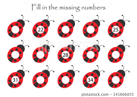 Game with ladybugs for children, fill in the missing numbers, middle level, education game for kids, school worksheet activity, task for the development of logical thinking, vector illustration Game with ladybugs for children, fill in the missing numbers, middle level, education game for kids, school worksheet activity, task for the development of logical thinking, vector illustration 141606855