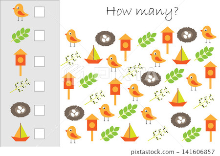 How many counting game withspring pictures for kids, educational maths task for the development of logical thinking, preschool worksheet activity, count and write the result, vector illustration How many counting game withspring pictures for kids, educational maths task for the development of logical thinking, preschool worksheet activity, count and write the result, vector illustration 141606857