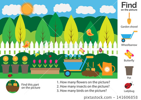 Activity page, garden picture in cartoon style, find images and answer the questions, visual education game for the development of children, kids preschool activity, worksheet, vector illustration Activity page, garden picture in cartoon style, find images and answer the questions, visual education game for the development of children, kids preschool activity, worksheet, vector illustration 141606858