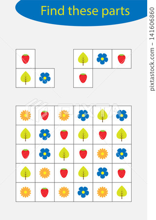 Find the parts of the cover, fun education game for children, preschool worksheet activity for kids, task for the development of logical thinking, vector illustration Find the parts of the cover, fun education game for children, preschool worksheet activity for kids, task for the development of logical thinking, vector illustration 141606860