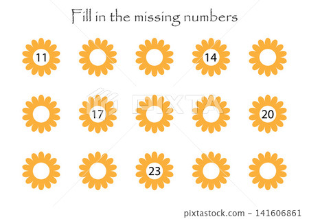 Game with flowers for children, fill in the missing numbers, middle level, education game for kids, school worksheet activity, task for the development of logical thinking, vector illustration Game with flowers for children, fill in the missing numbers, middle level, education game for kids, school worksheet activity, task for the development of logical thinking, vector illustration 141606861