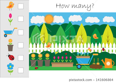 How many counting game with garden picture for kids, educational maths task for the development of logical thinking, preschool worksheet activity, count and write the result, vector illustration How many counting game with garden picture for kids, educational maths task for the development of logical thinking, preschool worksheet activity, count and write the result, vector illustration 141606864