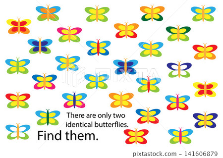 Find two identical butterflies, spring fun education puzzle game for children, preschool worksheet activity for kids, task for the development of logical thinking and mind, vector illustration Find two identical butterflies, spring fun education puzzle game for children, preschool worksheet activity for kids, task for the development of logical thinking and mind, vector illustration 141606879