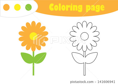 Flower in cartoon style, coloring page, spring education paper game for the development of children, kids preschool activity, printable worksheet, vector illustration Flower in cartoon style, coloring page, spring education paper game for the development of children, kids preschool activity, printable worksheet, vector illustration 141606941