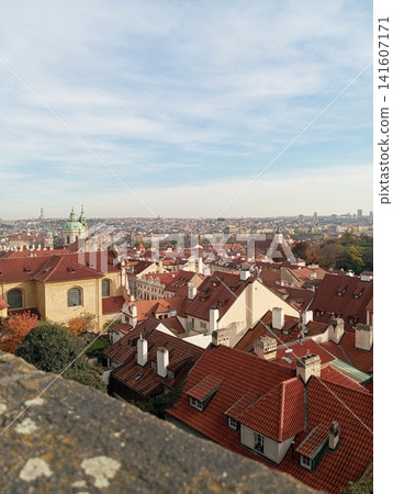 Prague Cityscape Aerial View of Red Roofs Historic Mala Strana District Czech Republic. Sky copy space Prague Cityscape Aerial View of Red Roofs Historic Mala Strana District Czech Republic. Sky copy space 141607171