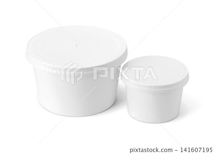 Blank white paper ice cream tub containers with lids for food packaging design mockup isolated on white background Blank white paper ice cream tub containers with lids for food packaging design mockup isolated on white background 141607195