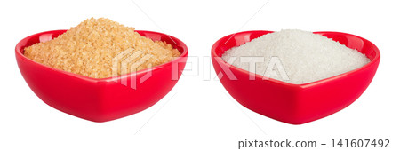 brown and white sugar in ceramic bowl isolated on white background brown and white sugar in ceramic bowl isolated on white background 141607492
