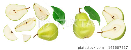 Green pear fruit half and slices isolated on white background . Top view. Flat lay Green pear fruit half and slices isolated on white background . Top view. Flat lay 141607517