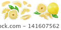 half of pomelo with slice and leaf isolated on white background. Top view. Flat lay. 141607562