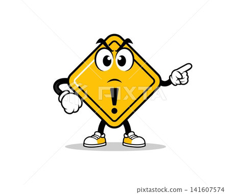 Cartoon Warning Road Sign Mascot Character Pointing Cartoon Warning Road Sign Mascot Character Pointing 141607574