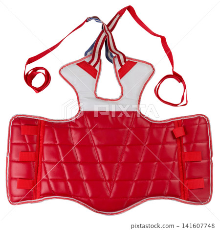 Red taekwondo chest protector isolated on white background. Martial arts body guard hogu for karate and combat sports practice Red taekwondo chest protector isolated on white background. Martial arts body guard hogu for karate and combat sports practice 141607748