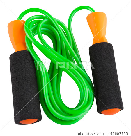 Green and orange jump rope isolated on white background. Fitness skipping rope with foam handles for cardio training and workout Green and orange jump rope isolated on white background. Fitness skipping rope with foam handles for cardio training and workout 141607753
