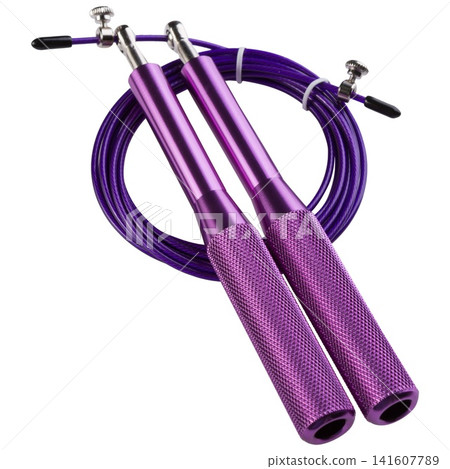 Purple, speed jump rope for crossfit with blue aluminum handles isolated on white background. Purple, speed jump rope for crossfit with blue aluminum handles isolated on white background. 141607789