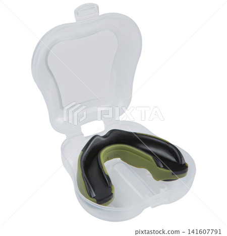Olive green and black sports mouthguard in plastic storage case isolated on white background. Dental gum shield for boxing, mma, and combat sports protection Olive green and black sports mouthguard in plastic storage case isolated on white background. Dental gum shield for boxing, mma, and combat sports protection 141607791