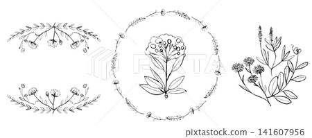 Hand-painted floral wreath and element set Hand-painted floral wreath and element set 141607956