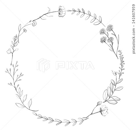 Hand-drawn style flower and leaf wreath Hand-drawn style flower and leaf wreath 141607959