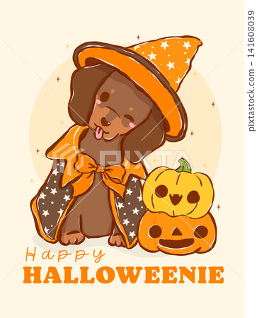 Cute Dachshund Halloween witch with Pumpkins, Happy Halloweenie, Cartoon Hand Drawn Illustration 141608039