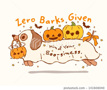 Dachshund Ghost Halloween Dog Cartoon with Funny Snarky Quote Zero Barks Given Wiener Dog Character Illustration 141608040